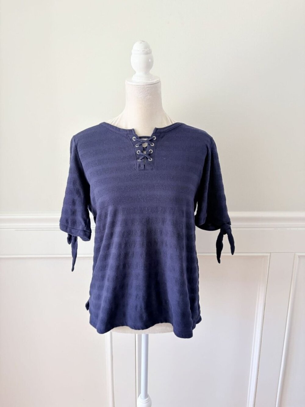 Carolyn Taylor S Navy Short-Sleeve Blouse With Tie Detail & Lace-Up Neckline
